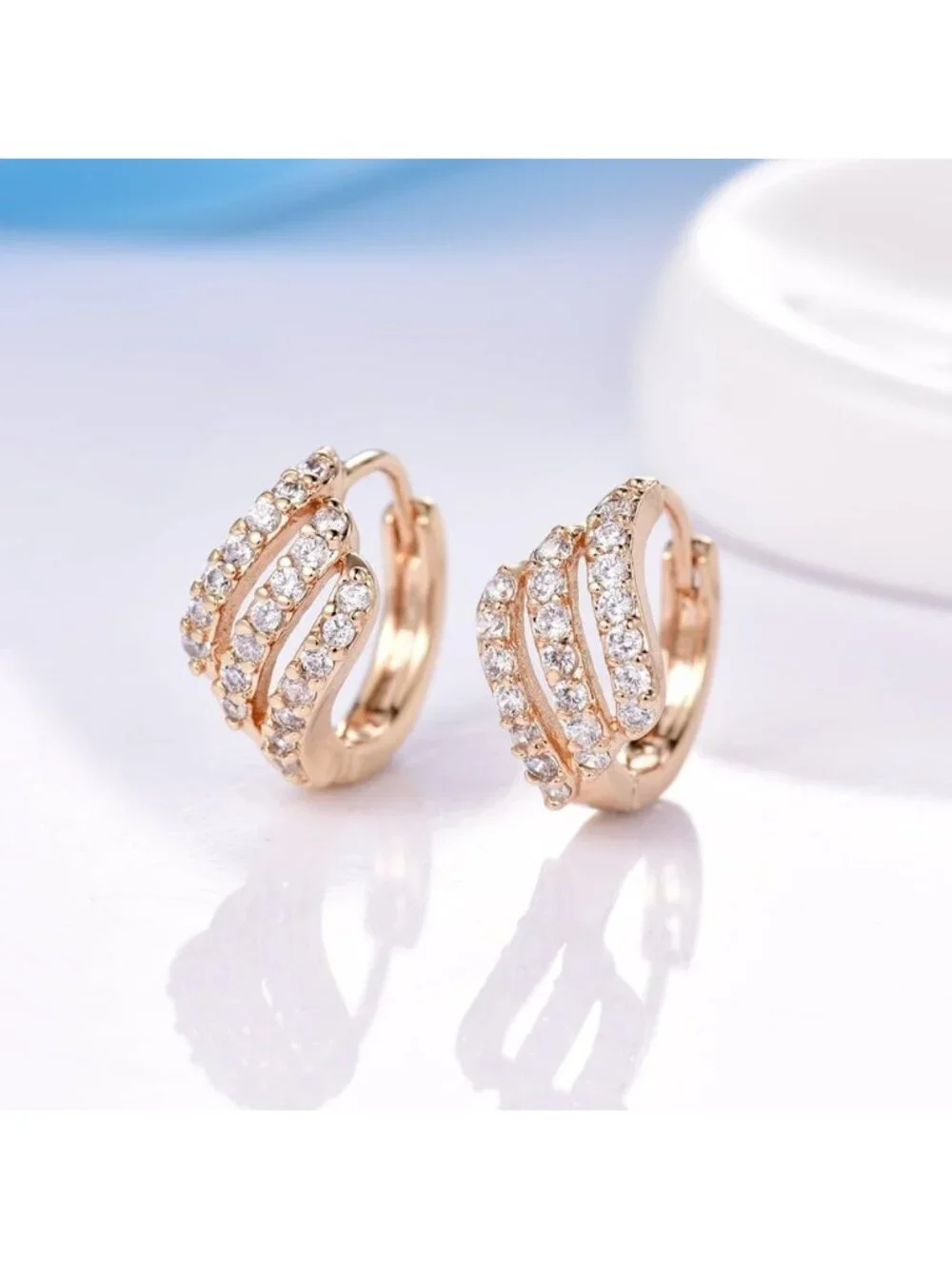 Stunning Gold Tone Three Layer White Rhinestone Hoop Earrings for Parties